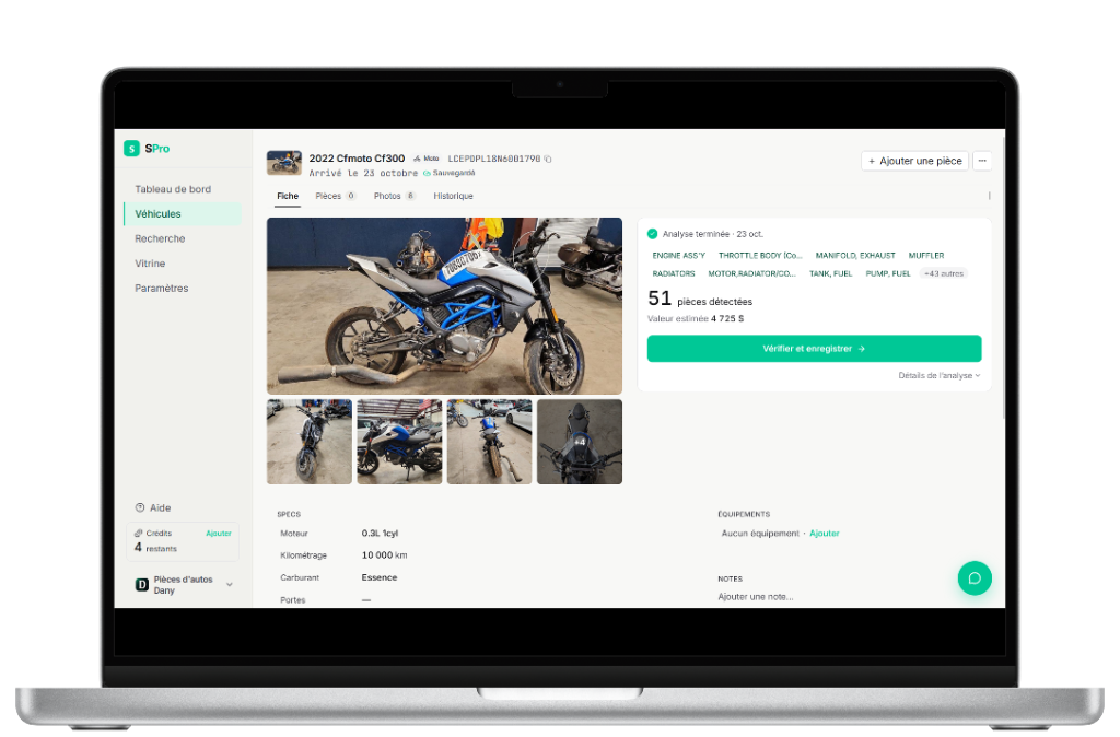 Fiche d'une moto après analyse